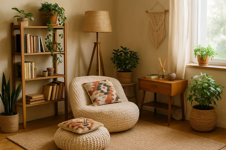 Canto de leitura boêmio em apartamento pequeno