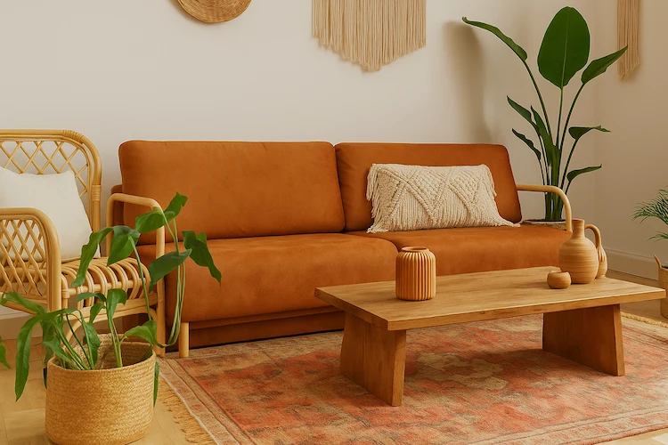 Sala com Sofá em Suede e Paleta Terrosa